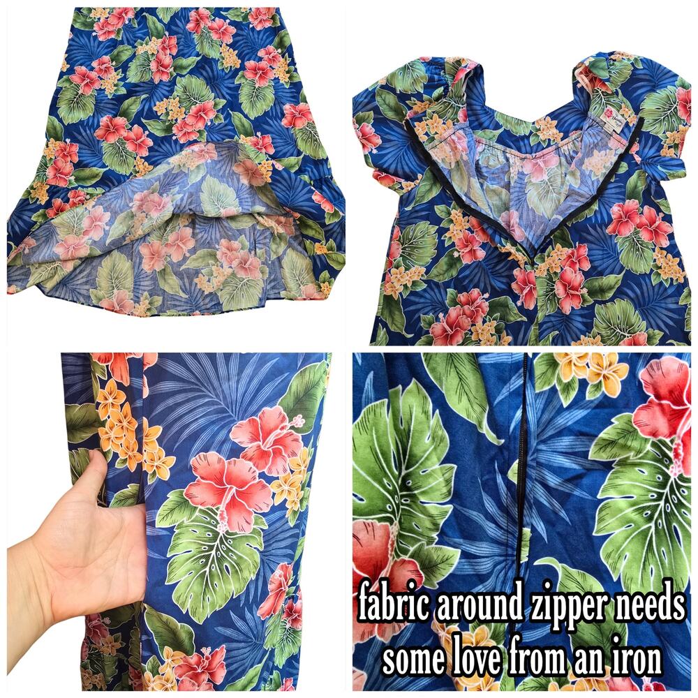 Hilo Hattie Hawaiian Muumuu Dress Blue Floral Hibiscus Cotton XL Petal Sleeve - Picture 6 of 9